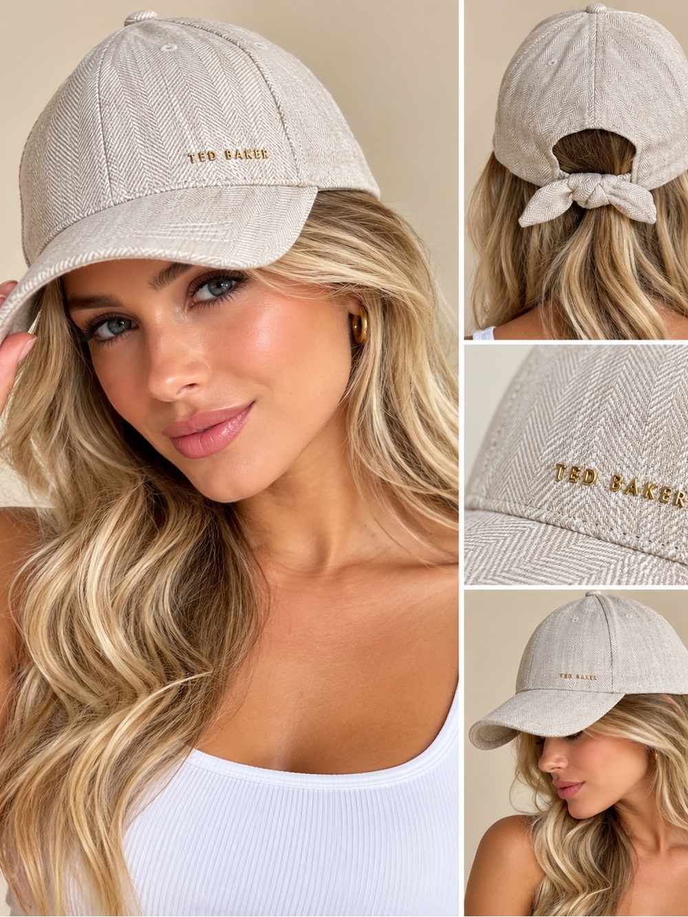 Ted Baker Neutral Herringbone Tie-Back Cap with Gold Logo